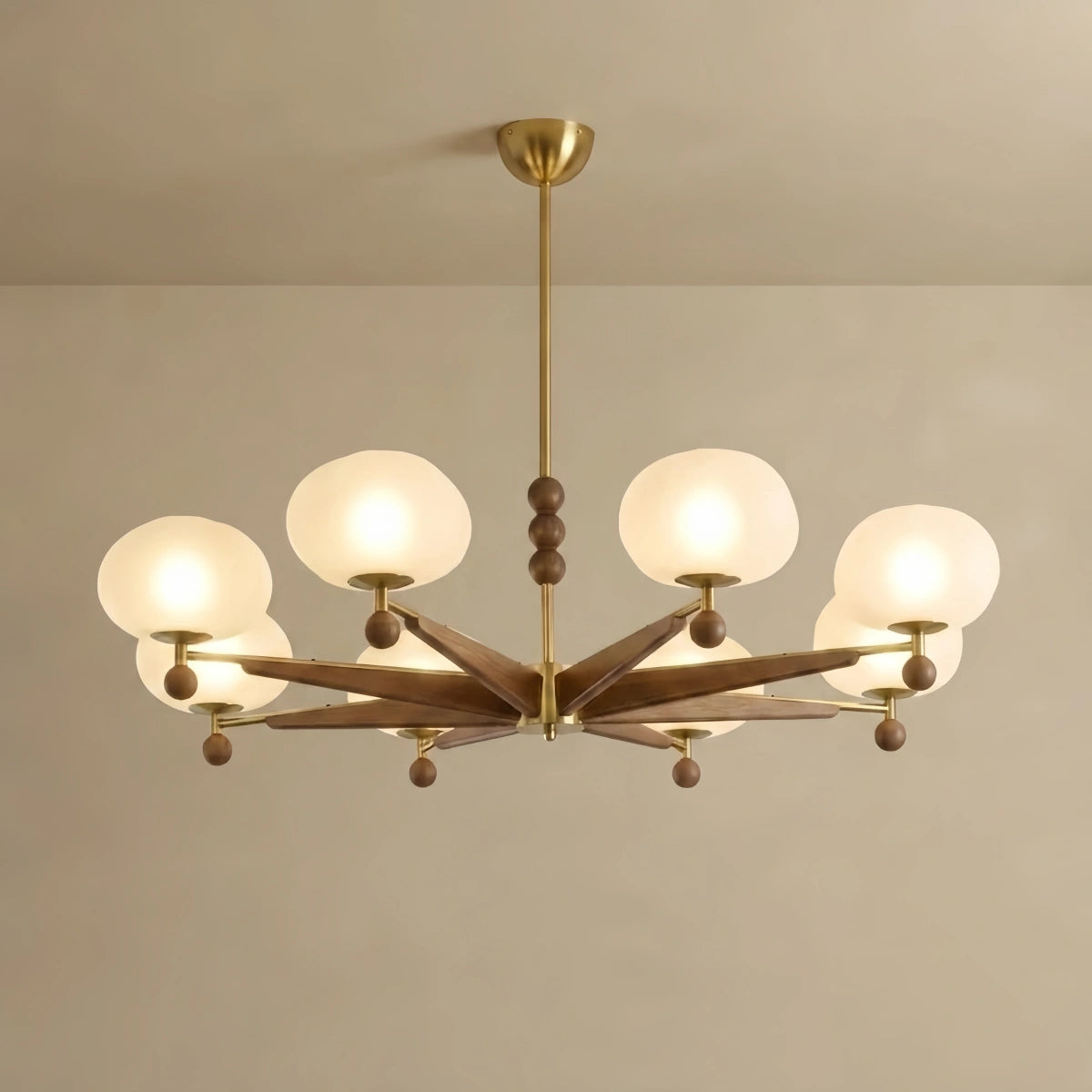 Mid-Century Modern Starburst Chandelier — Brass Walnut Opal Glass for Dining Room
