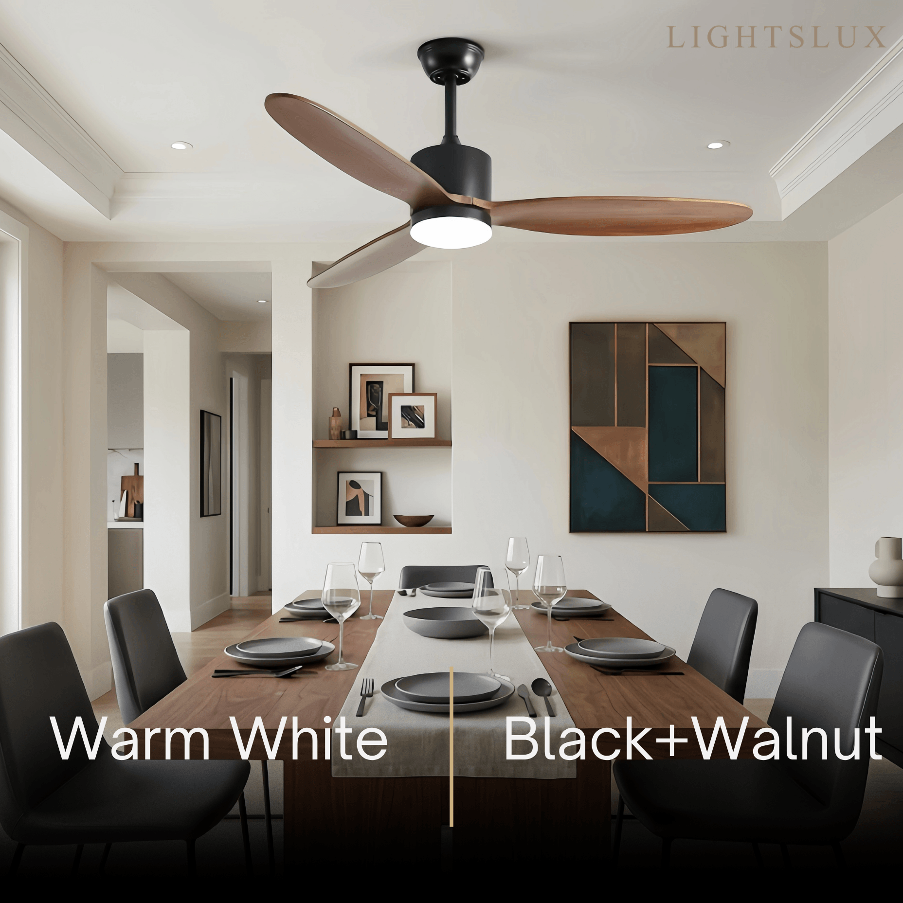 Vivara Minimalist Ceiling Fan Light -- Metal & Wood Walnut or Oak for Living Room