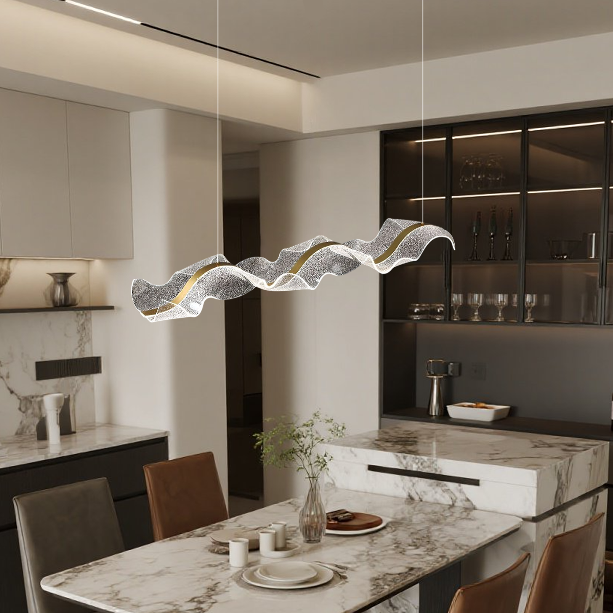 Modern Metal & Acrylic Pendant Light - Gold Wave Design for Dining Room