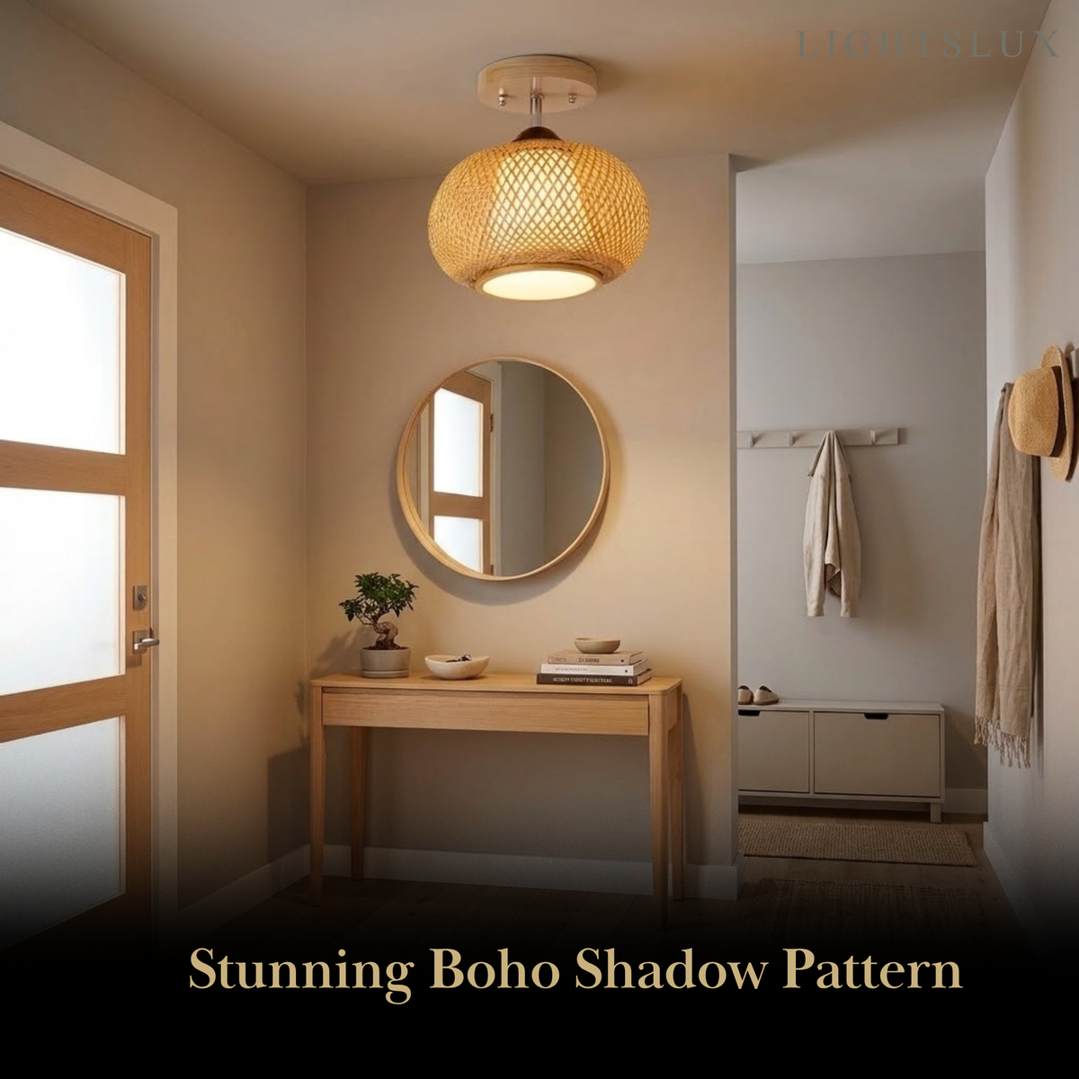 Bamburo Rustic Boho Rattan Ceiling Light – Bamboo Flush Mount for Hallway