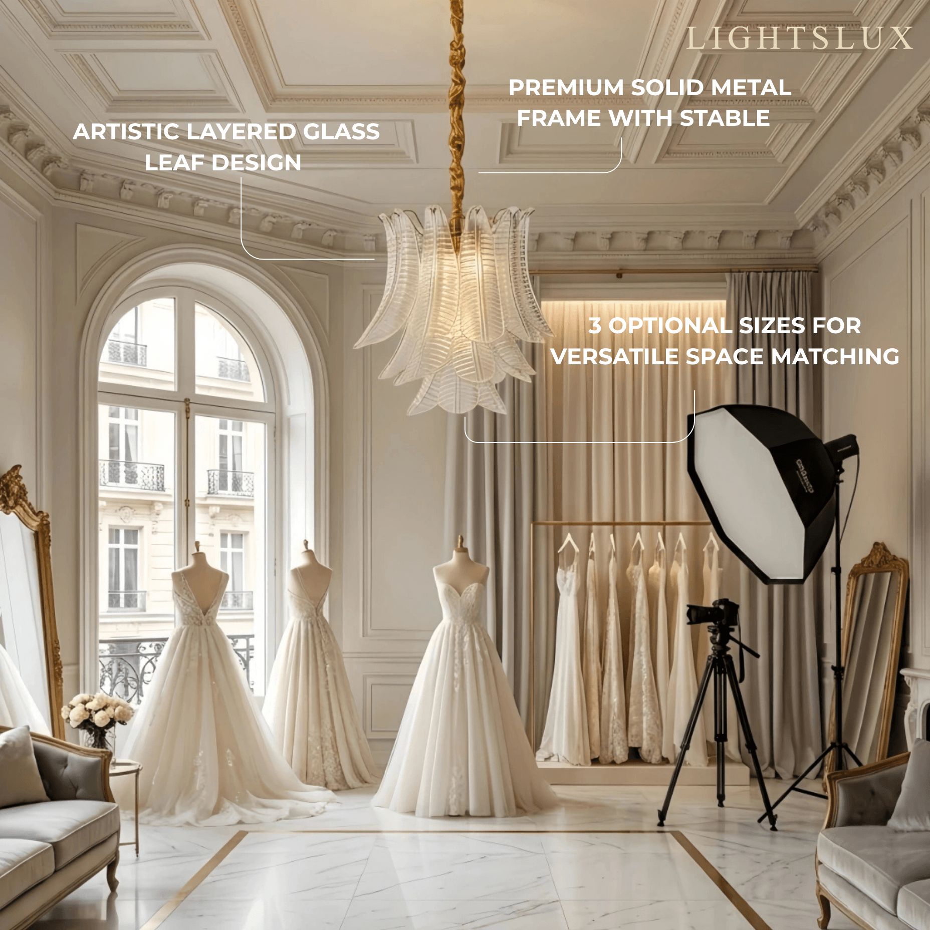 Excelis Luxury Sculptural Glass Leaf Chandelier -- Metal Frame for Shop