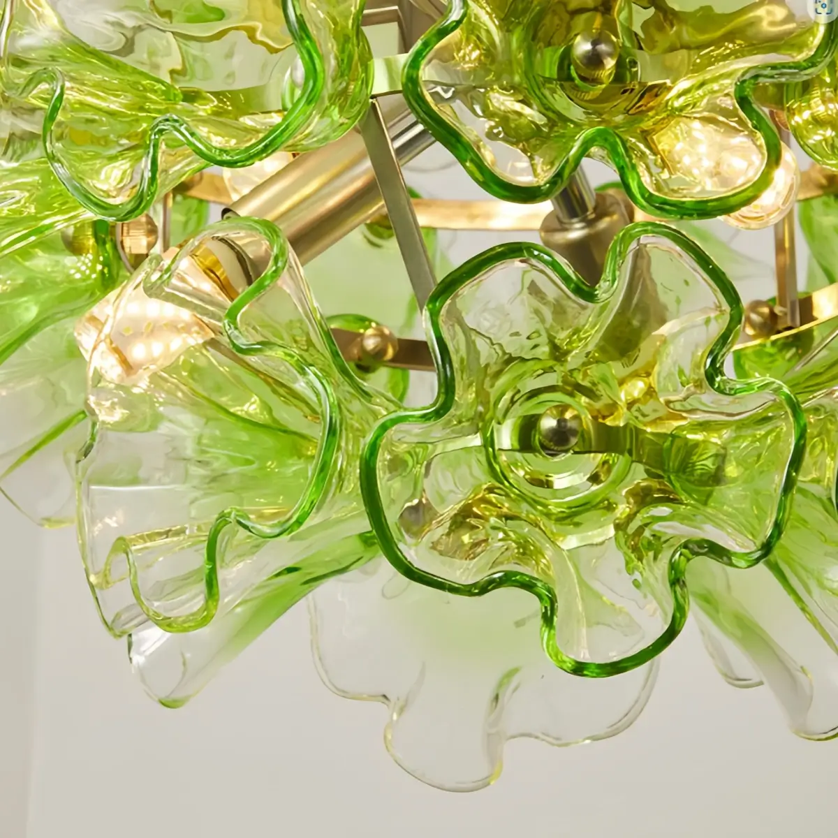 Vetro Mid-Century Glass Chandelier -- Green Ruffled Petals for Dining Room Detail