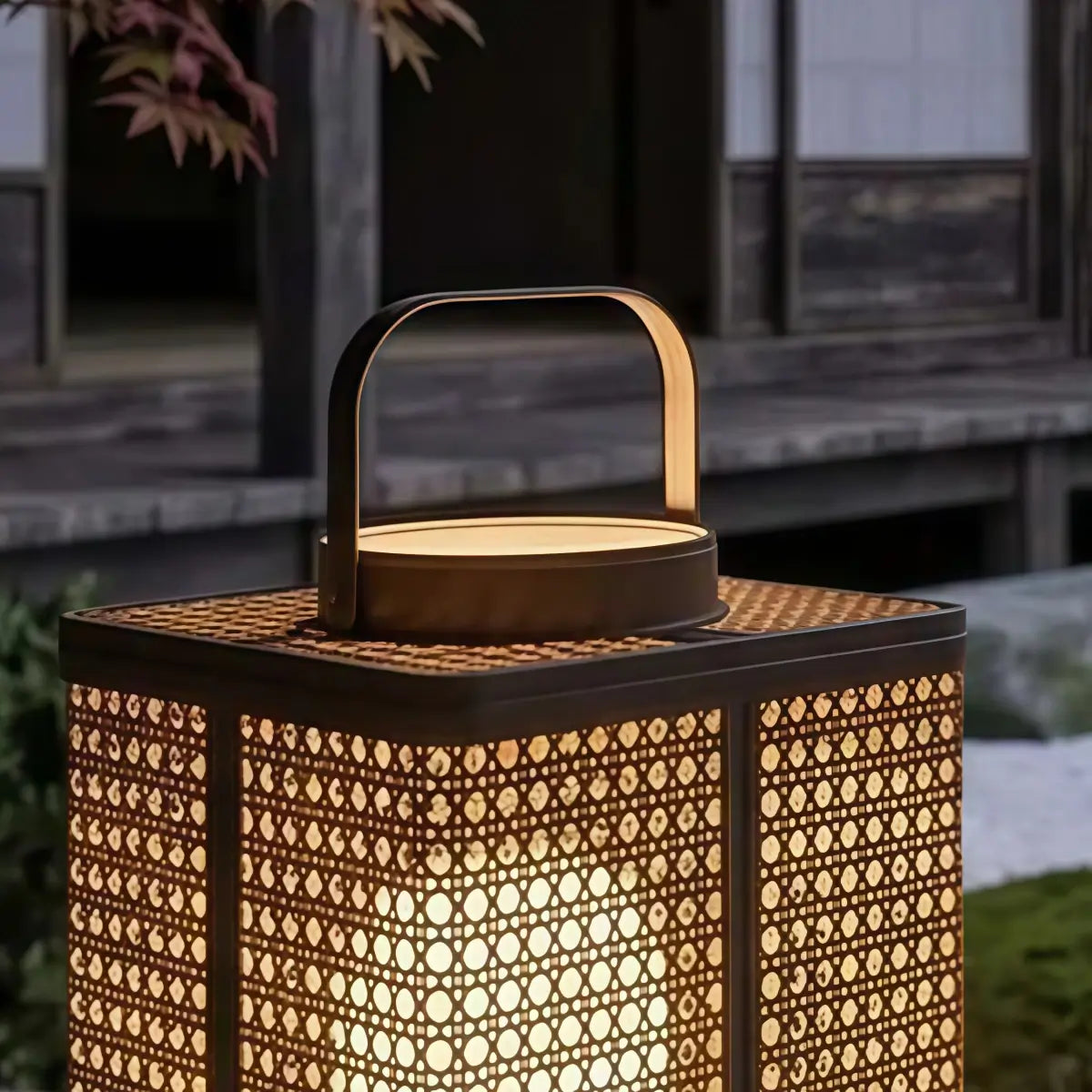 Bamburo Minimalist Outdoor Floor Lamp -- Metal & Rattan Beige for Garden Detail