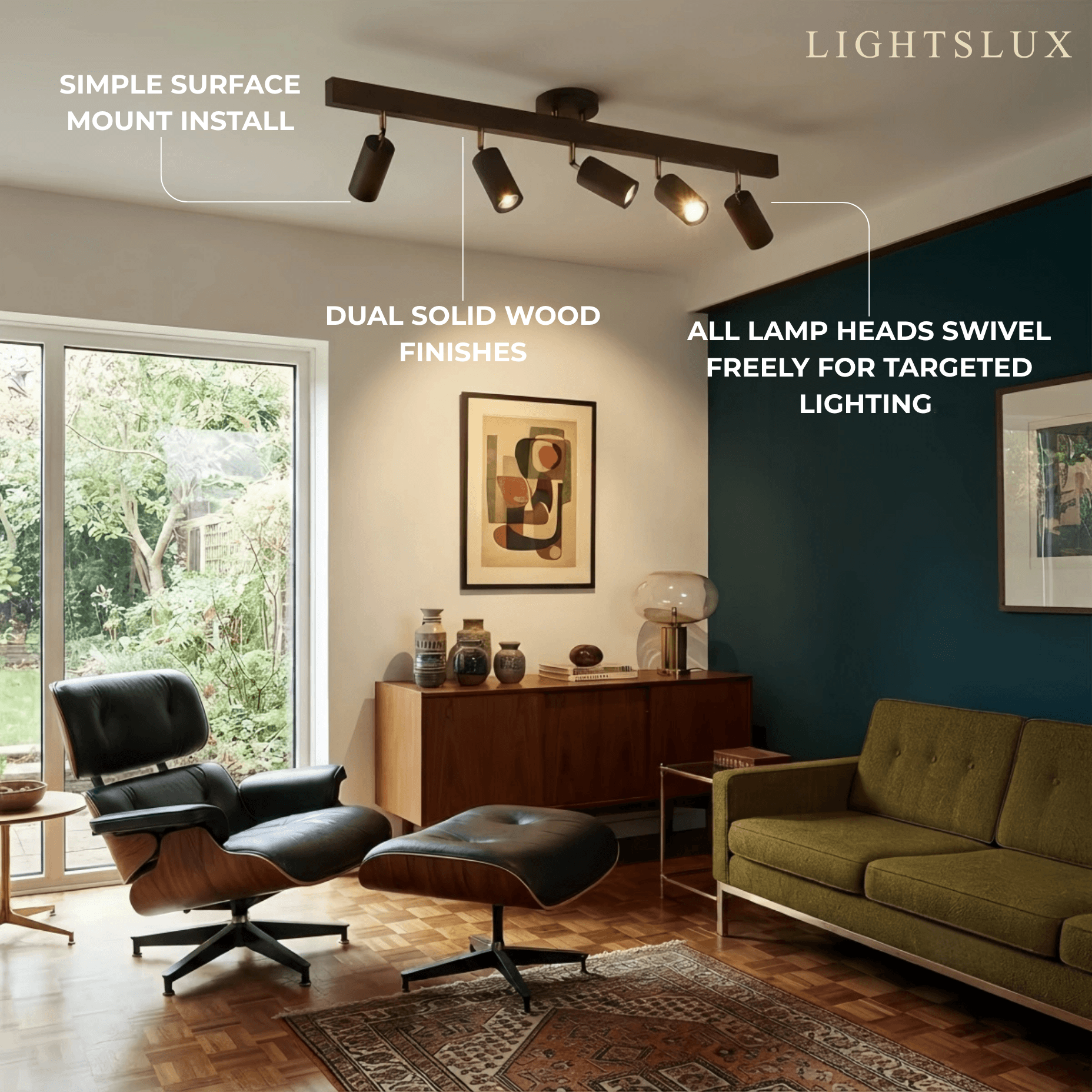 Zenno Modern Wood Track Lighting -- Adjustable Spotlights Walnut/Wood for Living room