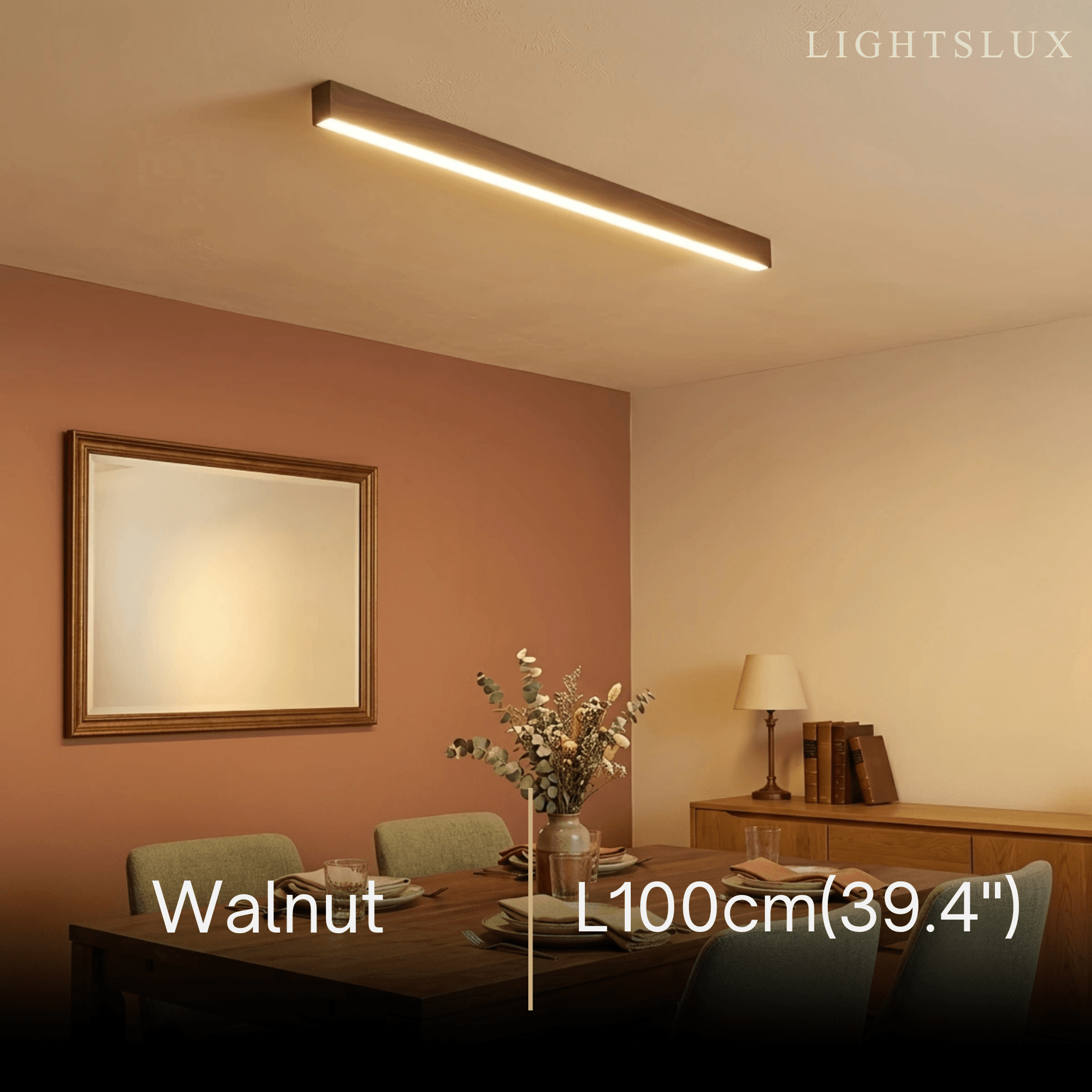 Zenno Minimalist Linear Ceiling Light -- Iron & Acrylic Wood-Grain Natural Wood/Walnut for Dining Room