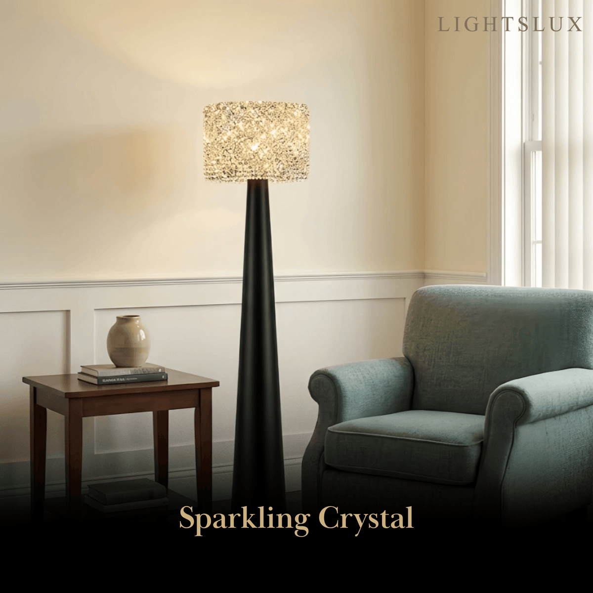 Velora Modern Crystal Floor Lamp – Black Metal for Living Room07