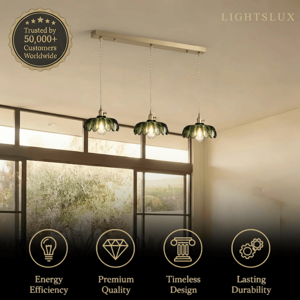 Velora Vintage Green Glass Pendant Light - Brass Metal for Living Room