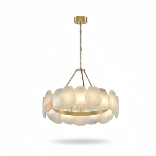 Excelis Luxury Sculptural Brushed Gold Chandelier - Layered Alabaster & Hand-Shaped Brass for Dining Room