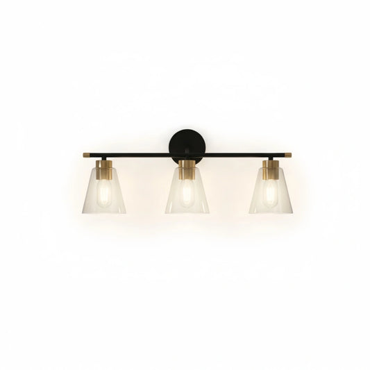 Irondale 3-Light Bathroom Vanity – Matte Black/Brushed Gold Flared Glass Shades Bathroom