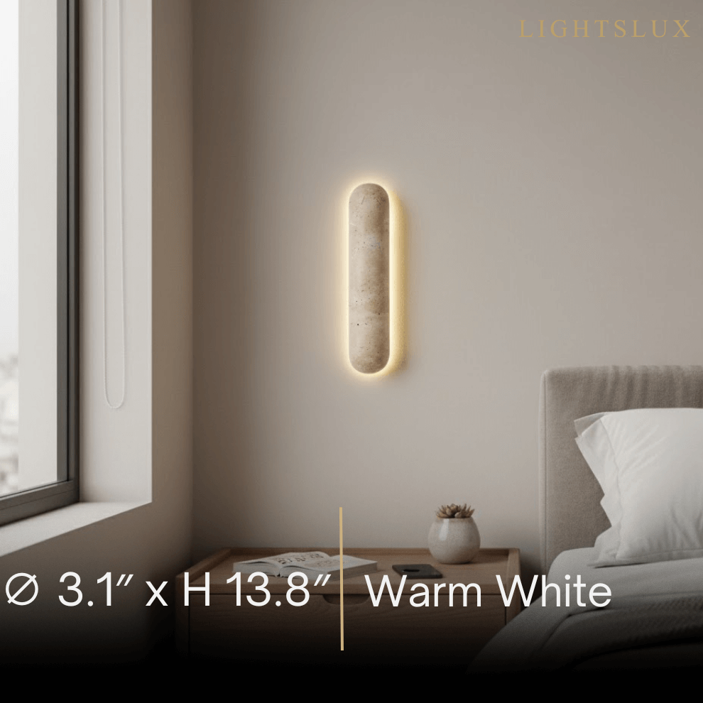 Travertine Pillar Wall Lamp — Slender Carved Stone with Back Glow