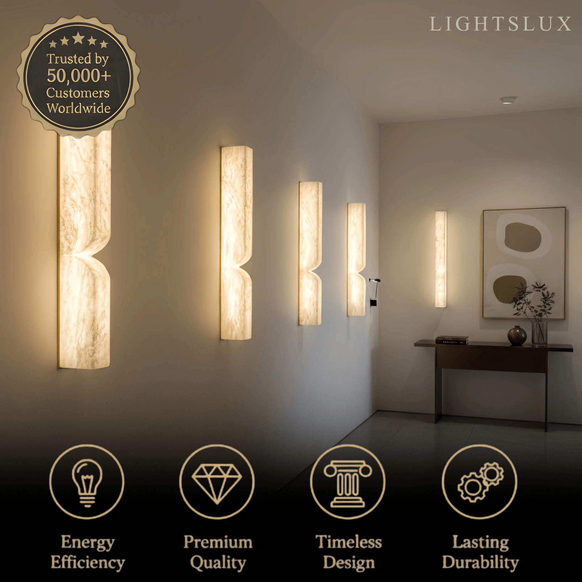 Alabaster Wall Sconce – LED Stone Wall Light in Gold or Black for Living Room