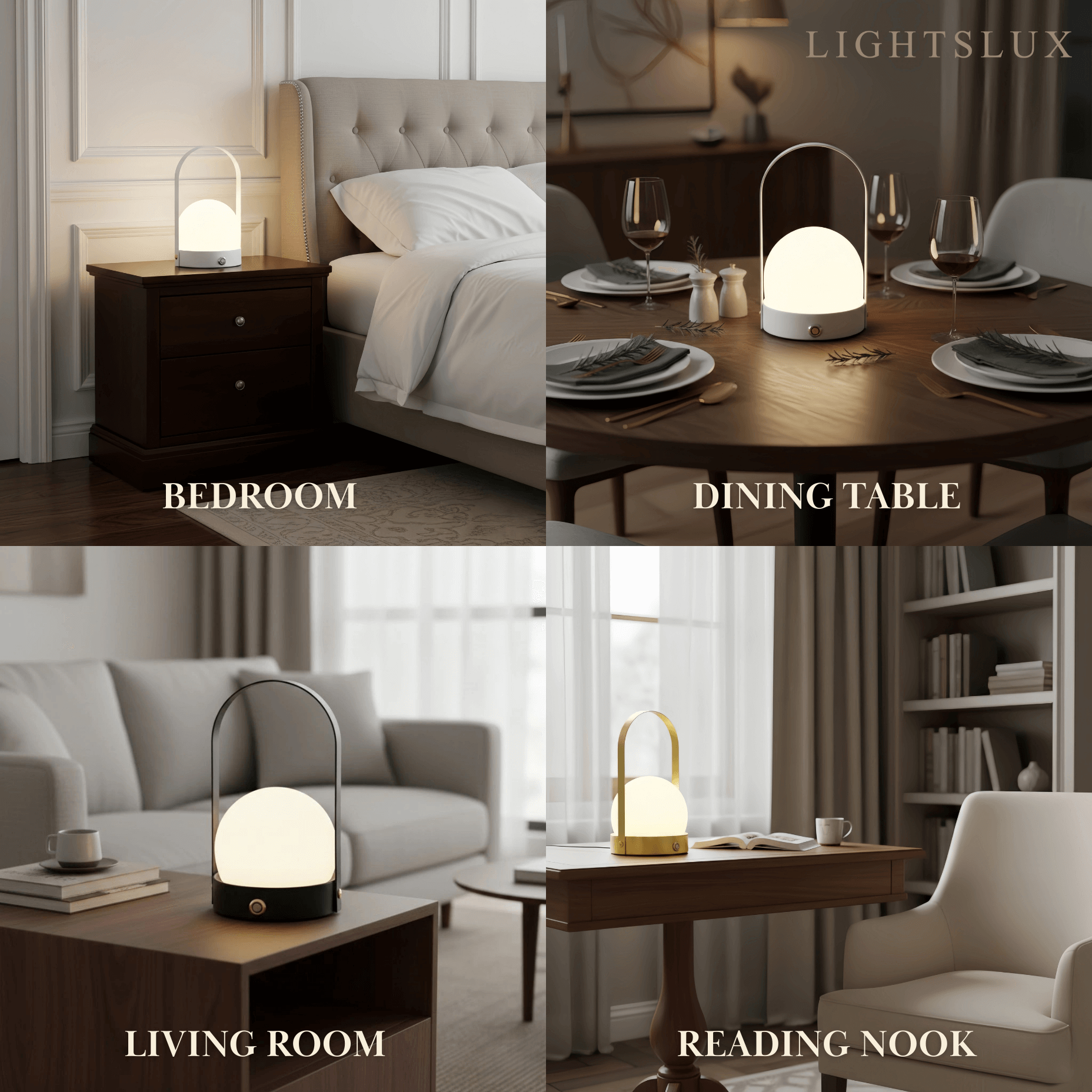 Modern Portable Table Lamp – LED Glass Lantern Light with Handle in Gold, Black or White