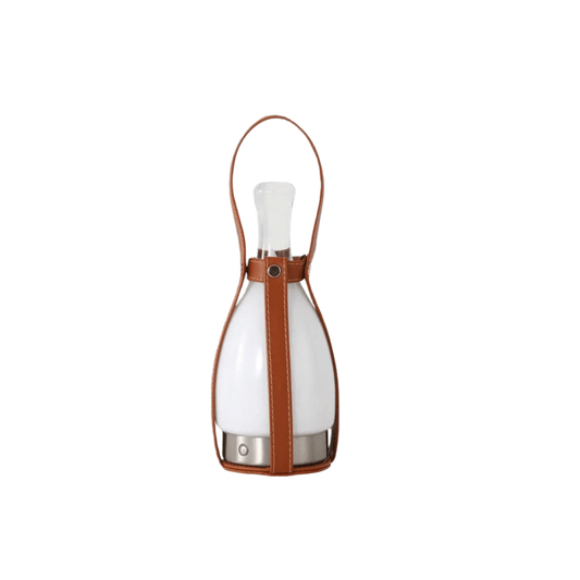 Modern Leather Table Lamp – Portable LED Glass Light in Brown, White or Silver for Bedroom
