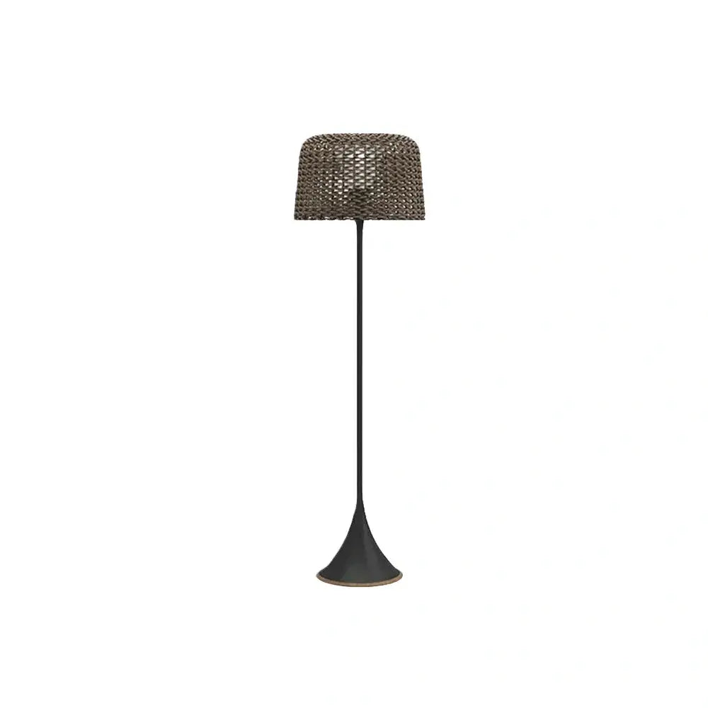 Bamburo Vintage Rattan Solar Outdoor Floor Lamp – Black Metal Hooded Terrace