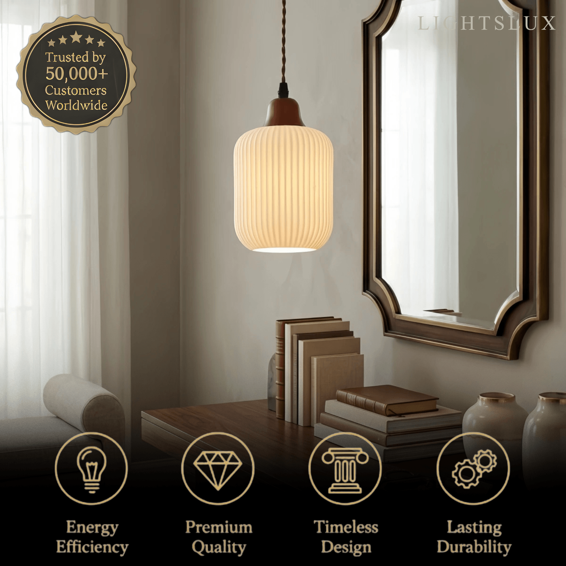 Contemporary Dome Pendant Light – Metal & Ceramic White