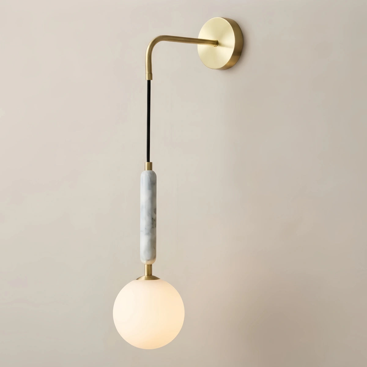 Velora Minimalist Marble Wall Lamp — Glass & Iron with Marble Accent for Bedroom Desk Area