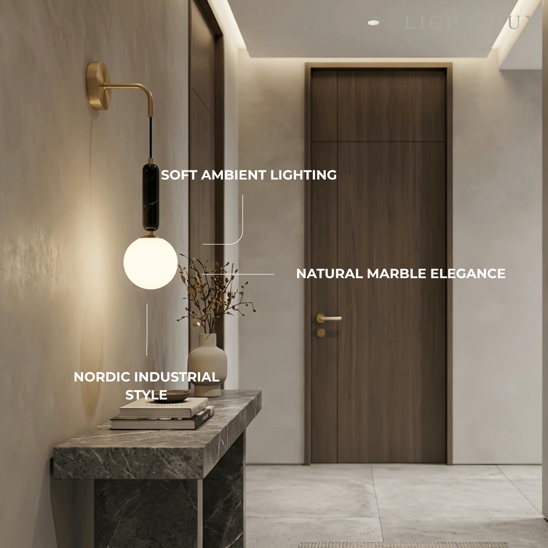 Minimalist Marble Wall Lamp — Glass & Iron with Marble Accent