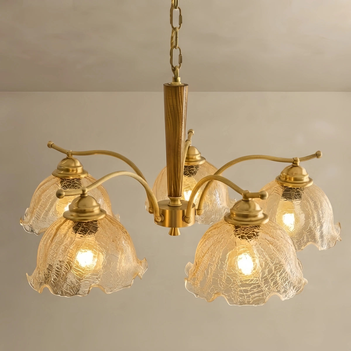 Minimalist Chandelier-- Brass Glass Ash Wood for Living Room