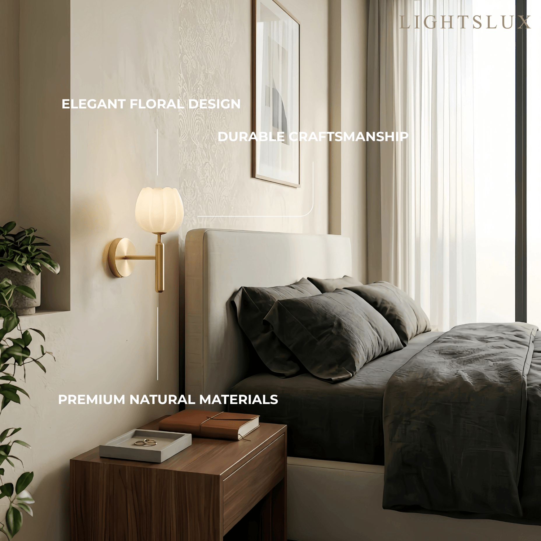 Alba Modern Wall Lamp -- Brass & Alabaster Flowers