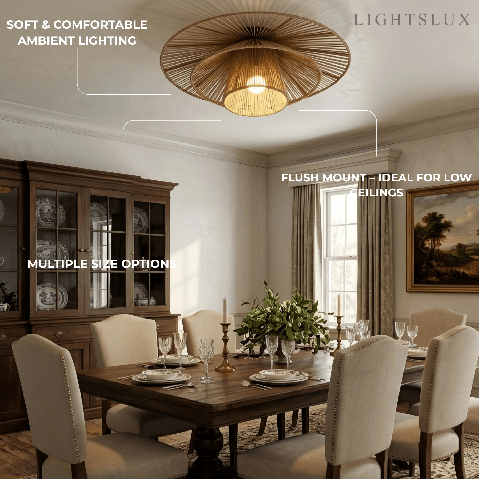 Natural Hemp Rope Flush Mount Ceiling Light -- Woven Linen Color