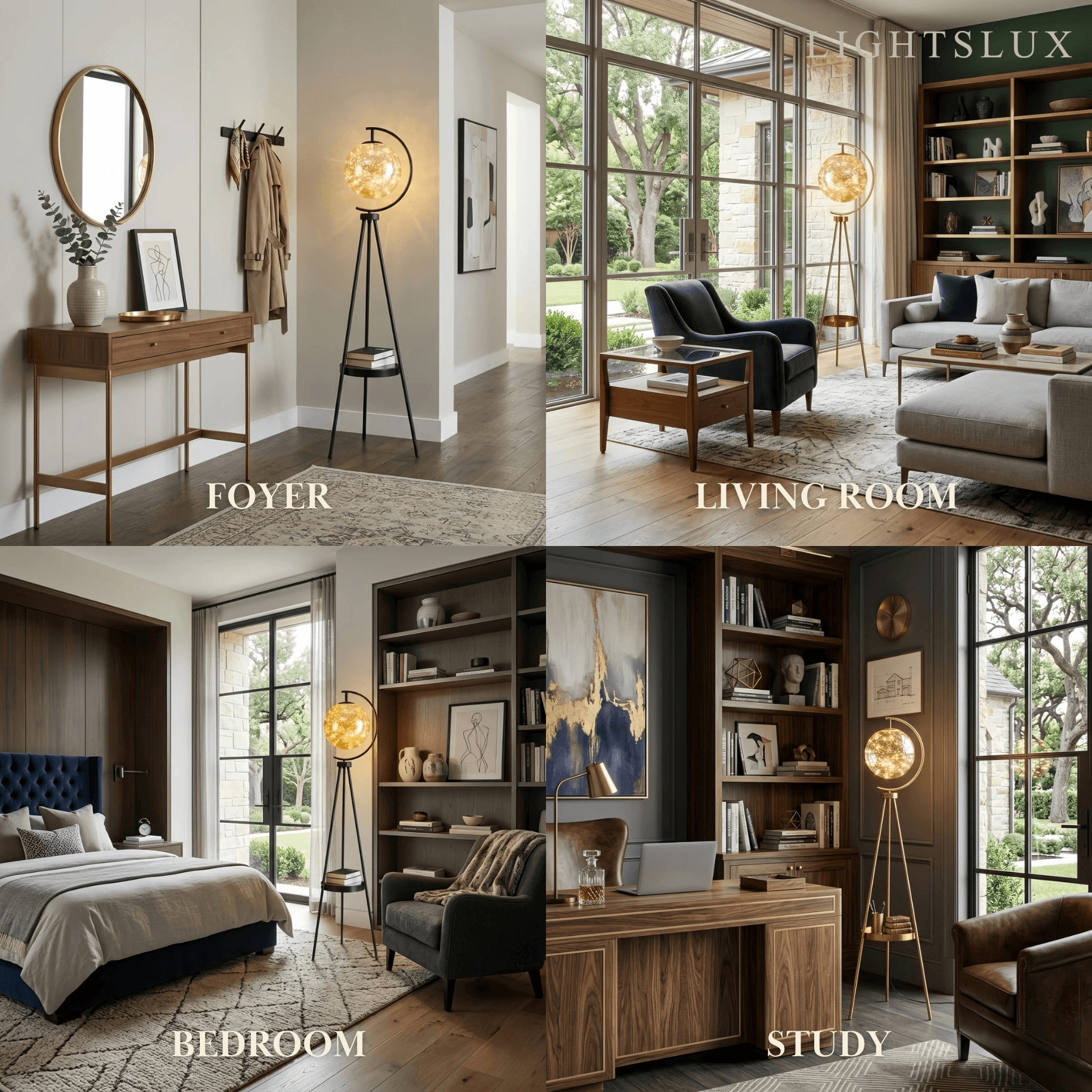 Modern Glass Ball Tripod Floor Lamp with Tray -- Gold or Black