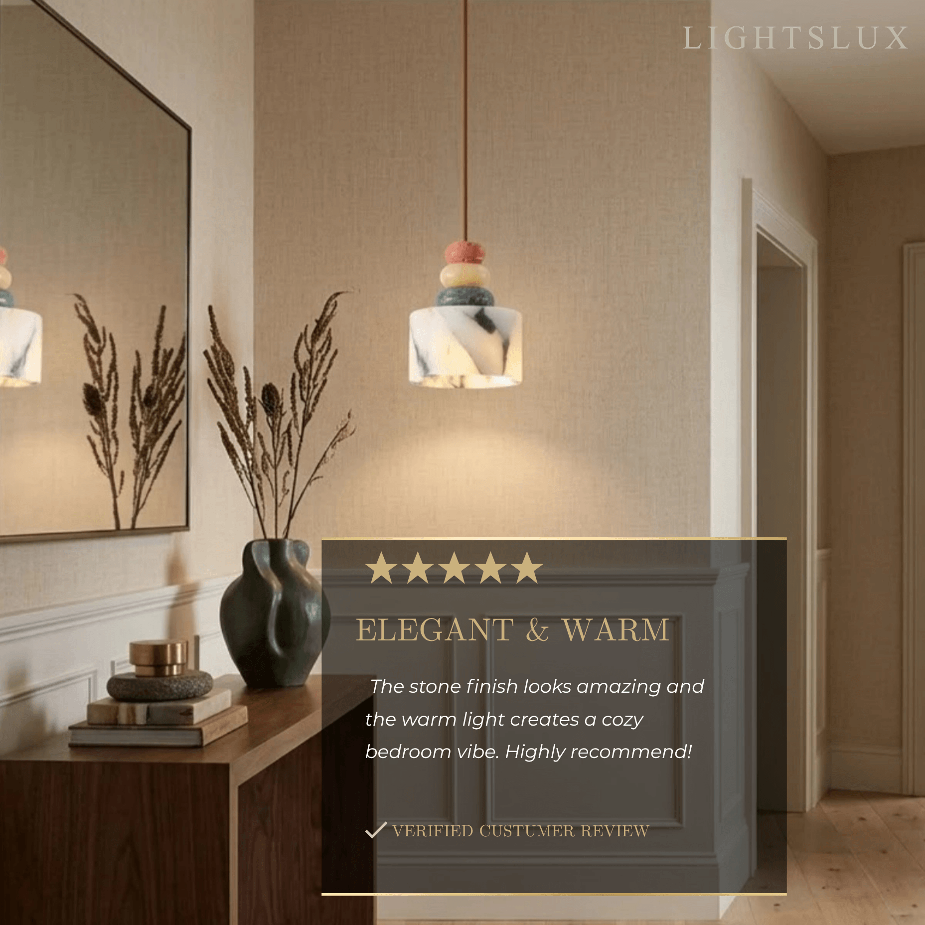Art Deco Stone Dome Pendant Light -- Multi-Color Natural Stone