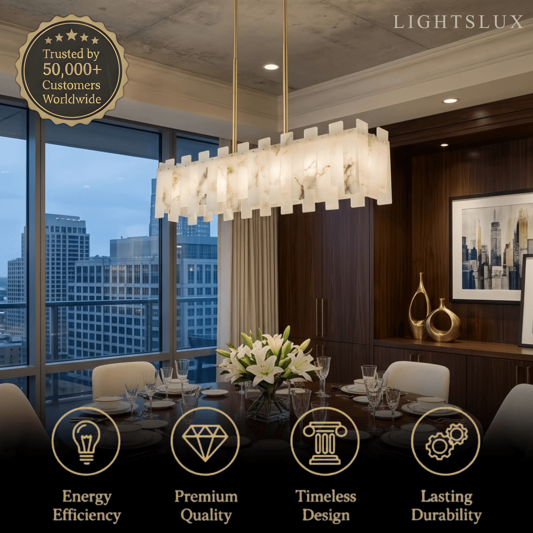 Art Deco Linear Alabaster Chandelier -- Gold Finish