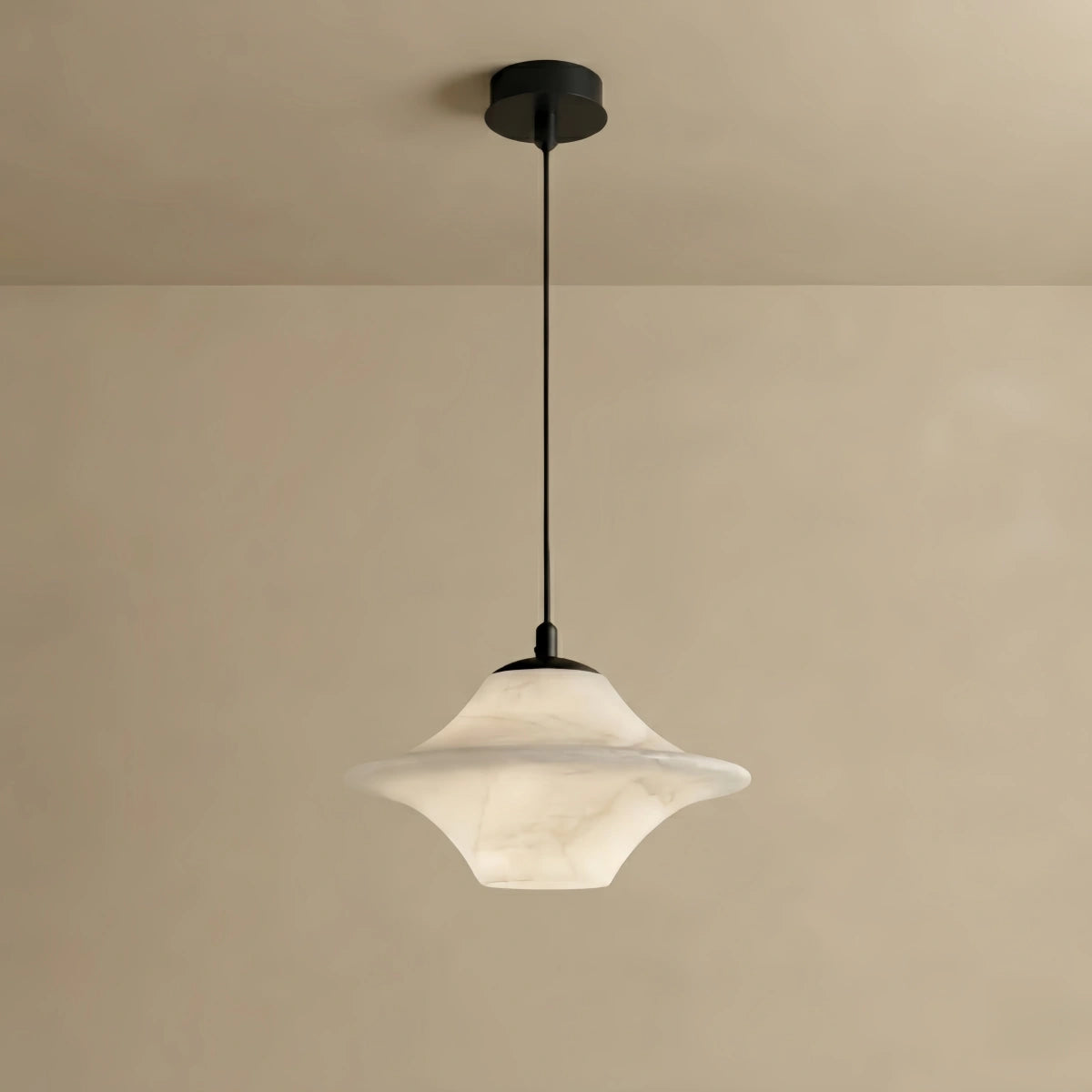 Alba Modern Saucer Alabaster Pendant Light -- Black Metal for Bedroom Dining Room