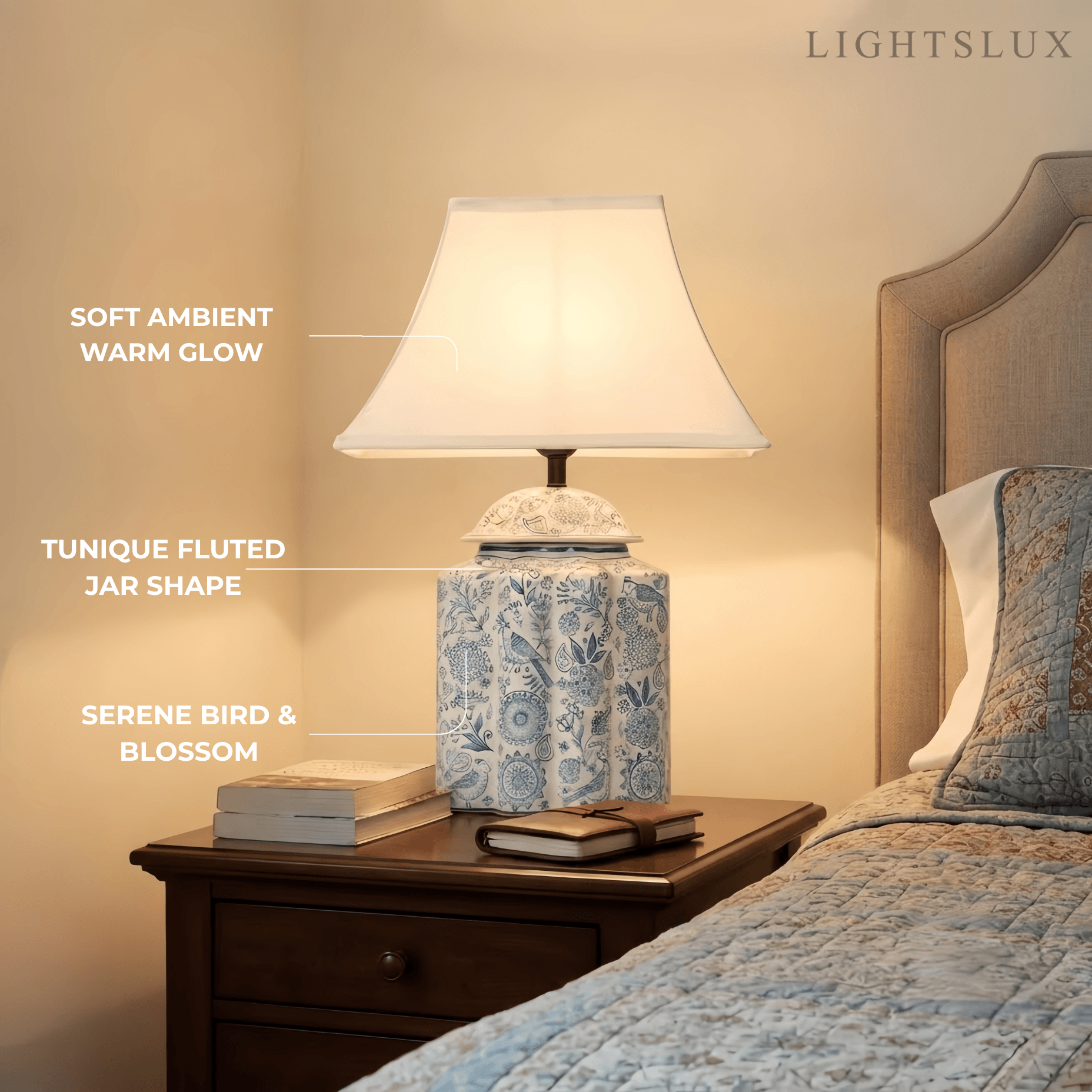 Elegant Hand-Painted Ceramic Table Lamp -- Blue Body with Beige Linen Shade for Bedroom