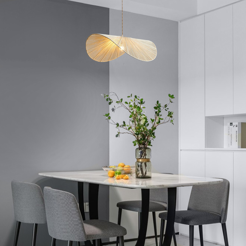 Farmhouse Brown/Beige Pendant Light Metal Rattan Hooded Dining Room