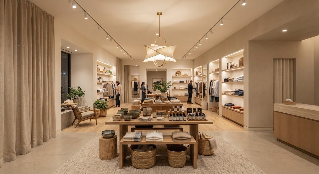 Boutique retail store with layered lighting for product displays and customer experience