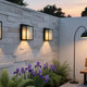 Stylish garden featuring durable affordable LED outdoor lights on a stone wall with purple flowers and a wooden bench.