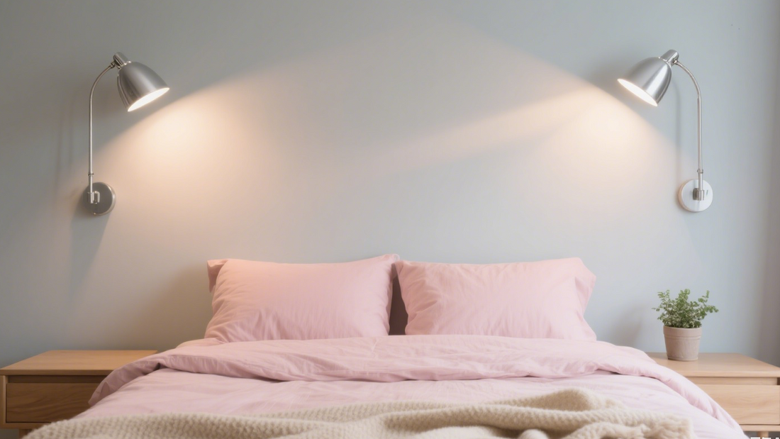 Cozy small bedroom featuring stylish wall lamps for small bedrooms on either side of the bed.