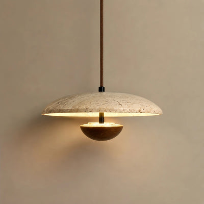 Strata Minimalist Pendant Light – Travertine & Metal, Walnut/Wood Color for Indoor