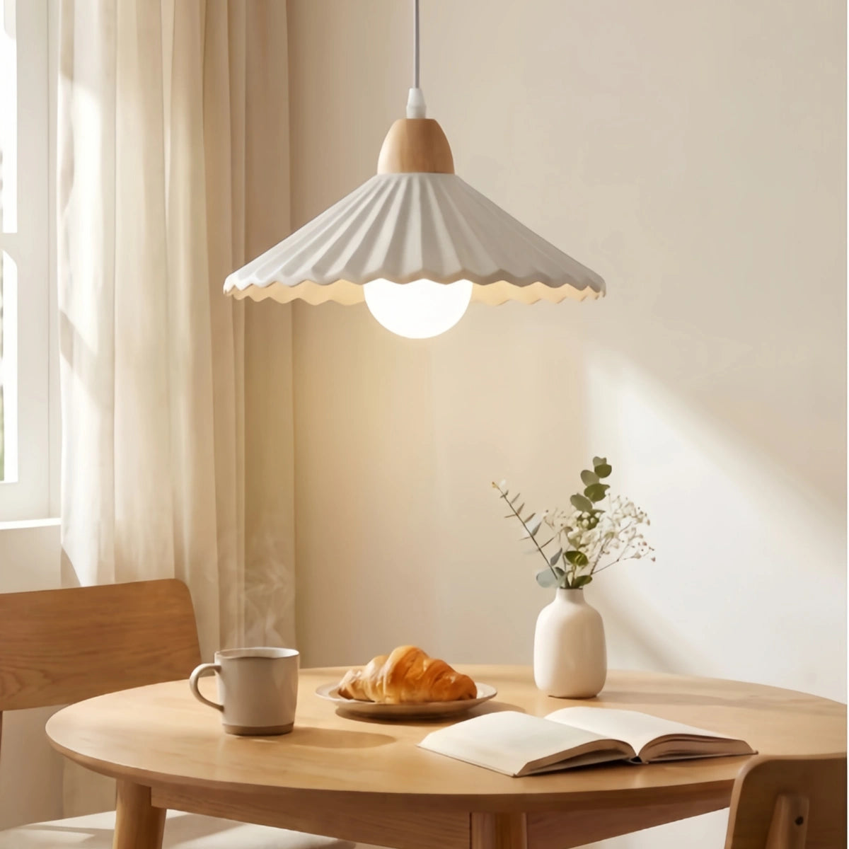 Crema Modern Wood & Ceramic Pendant Light — Brown Conical Shade for Dining Room