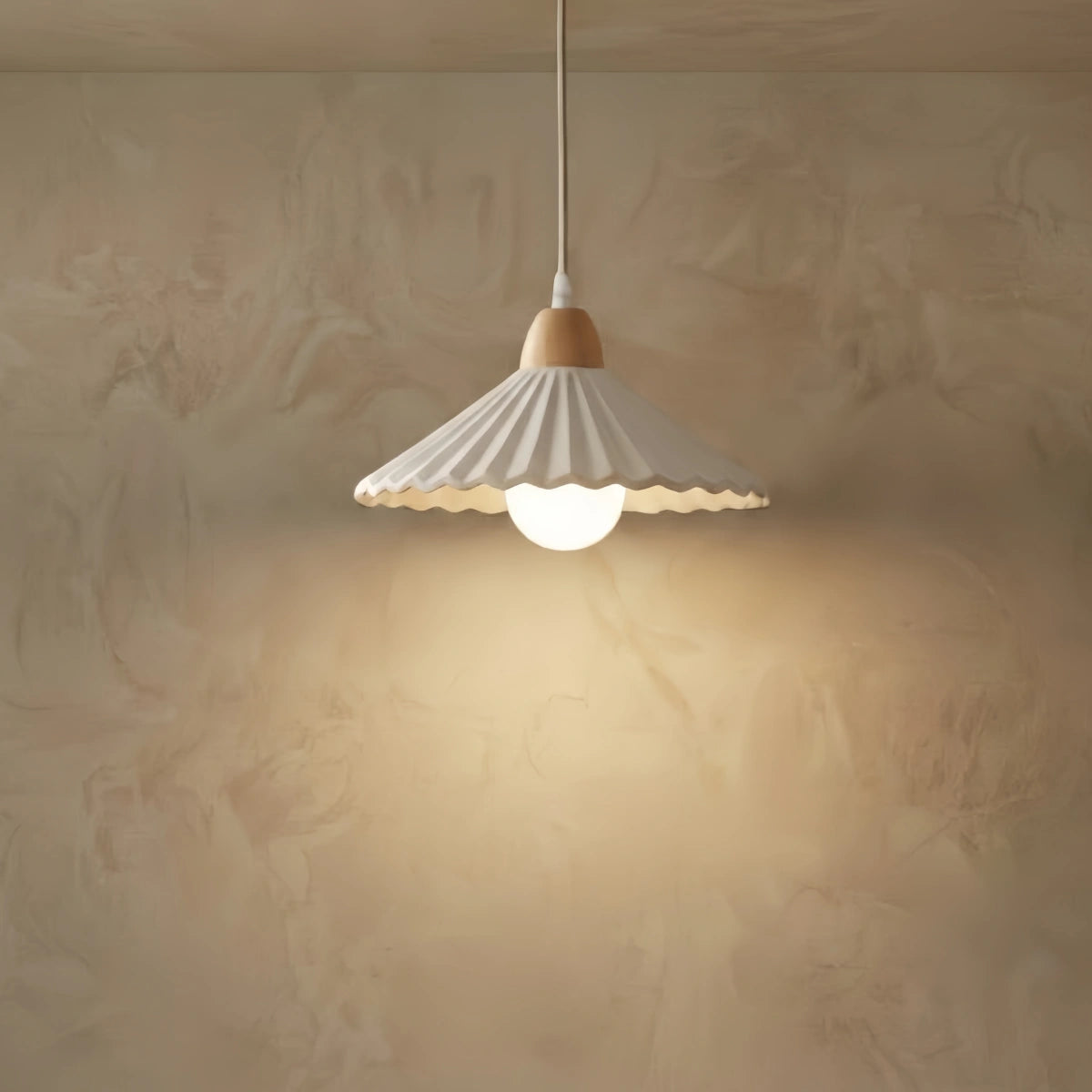 Crema Modern Wood & Ceramic Pendant Light — Brown Conical Shade for Dining Room