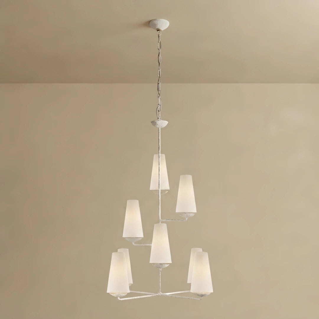 Modern Tiered Chandelier — Copper Frame & Linen Shades for Dining Room