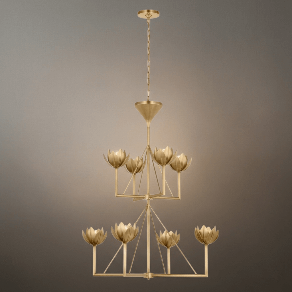 Modern Lotus Chandelier — Curved Petal Shades & Brass Frame for Dining Room