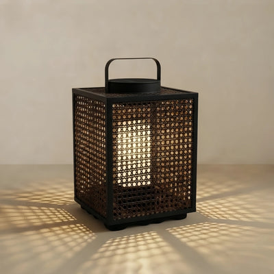 Bamburo Farmhouse Outdoor Floor Lamp -- Metal & Rattan Beige for Garden