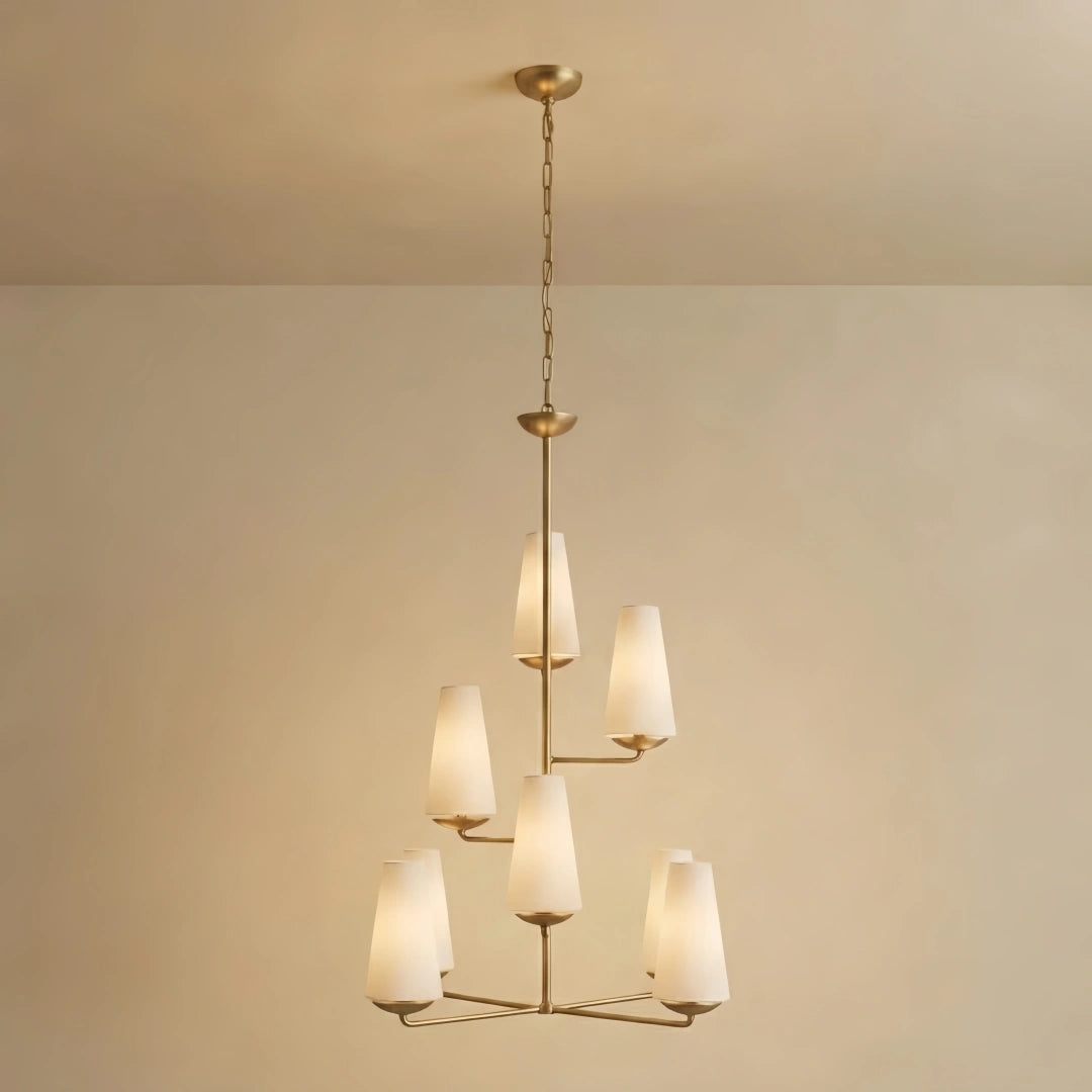 Modern Tiered Chandelier — Copper Frame & Linen Shades