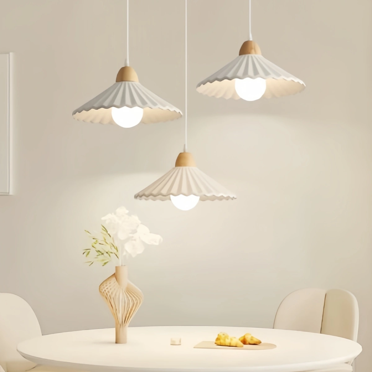 Crema Modern Wood & Ceramic Pendant Light — Brown Conical Shade for Dining Room