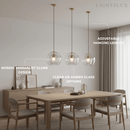 Vetro Nordic Globe Pendant Light – Clear or Amber Glass for Bedroom