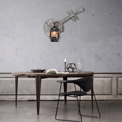  Lantern Wall Lamp — Black Metal & Wood Dining Room