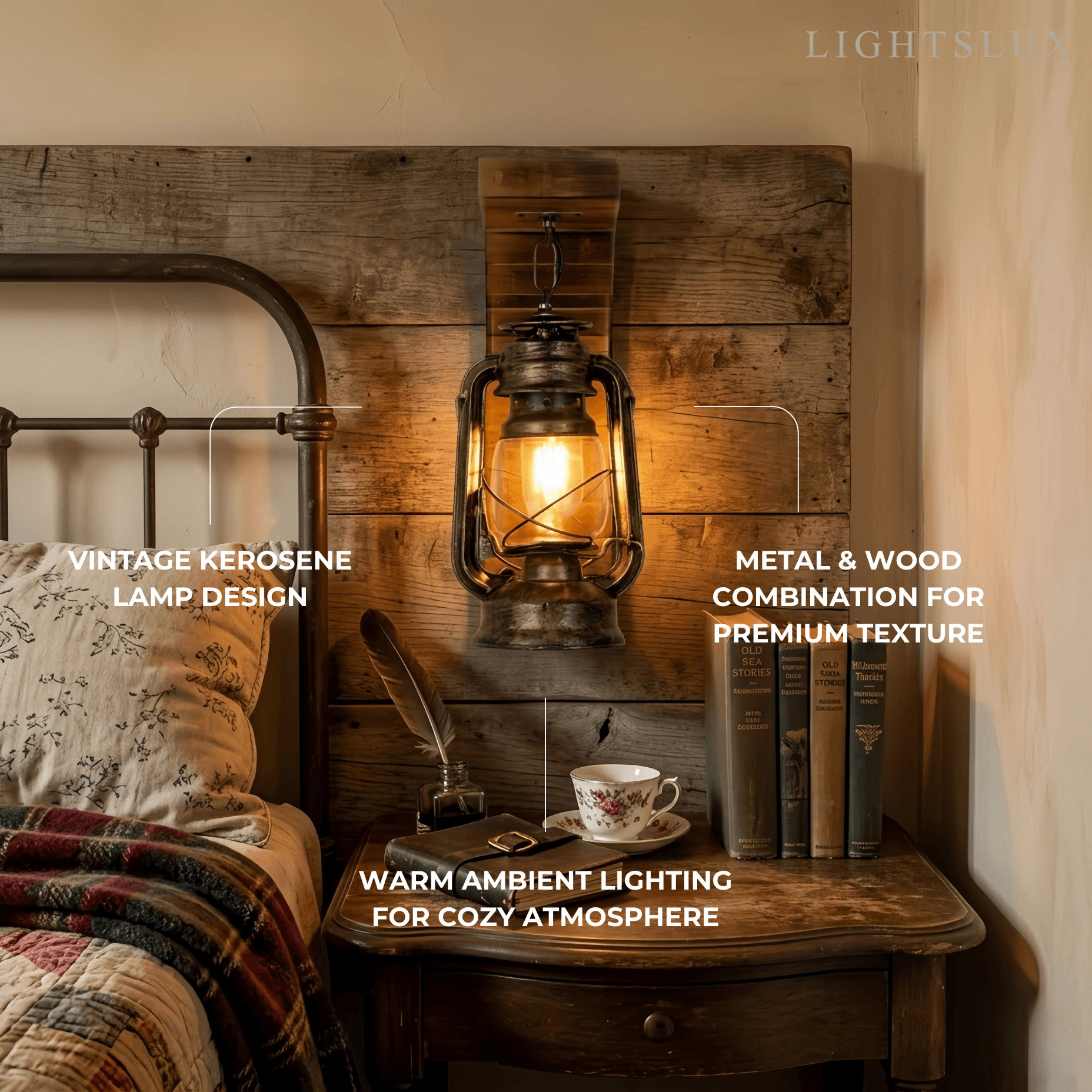 Irondale Vintage Wood/Metal Wall Sconce - Burlywood Lantern for Bedroom