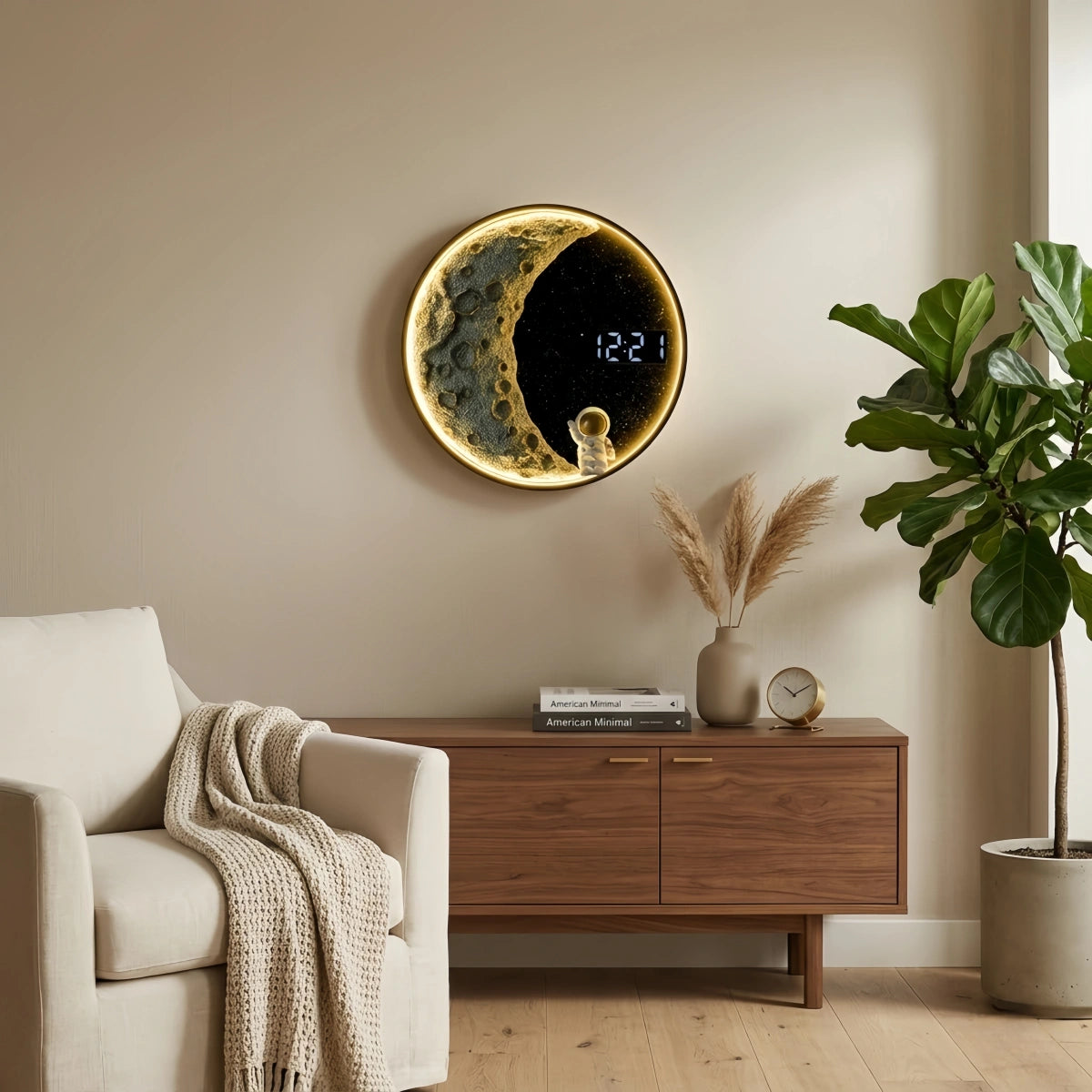 Vivara Art Deco Astronaut Wall Lamp - Modern Moon Metal Clock Light for Bedroom