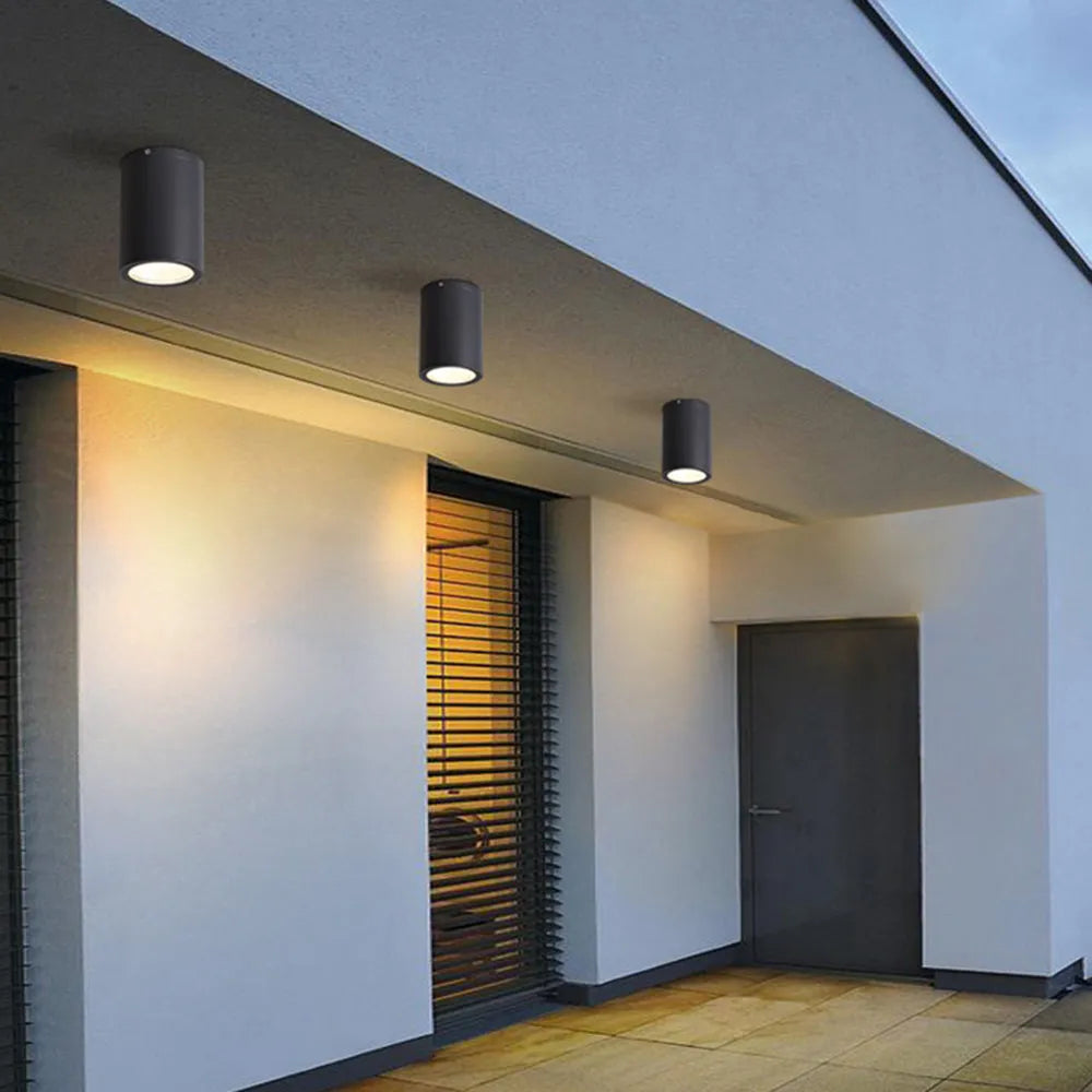 Modern Outdoor Ceiling Lights - Black Metal & Glass Cylindrical Design for Garden