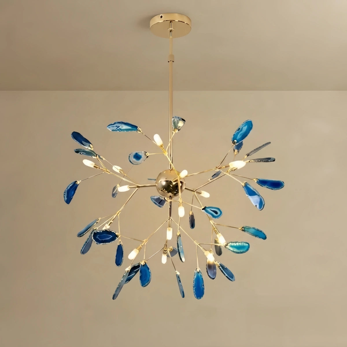 Excelis Art Deco Natural Agate Chandelier - Leaf Design in Blue/Green/Colorful