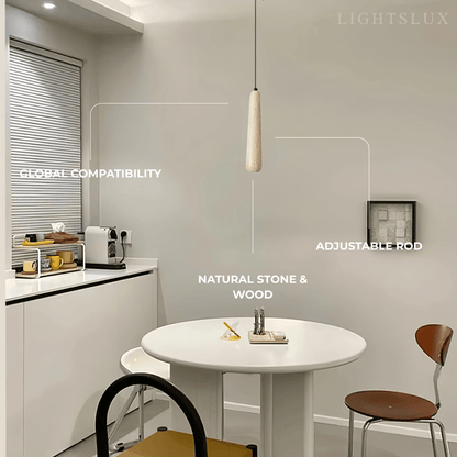 Zenno Modern Pendant Light — Natural Wood & Stone Cylinder for Dining Room