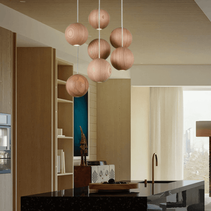 Zenno Minimalist Wood Pendant Light - Brown Globe for Living Room/Dining Room