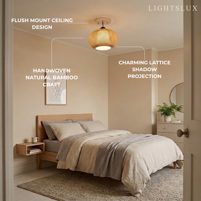 Bamburo Rustic Boho Rattan Ceiling Light – Bamboo Flush Mount for Bedroom